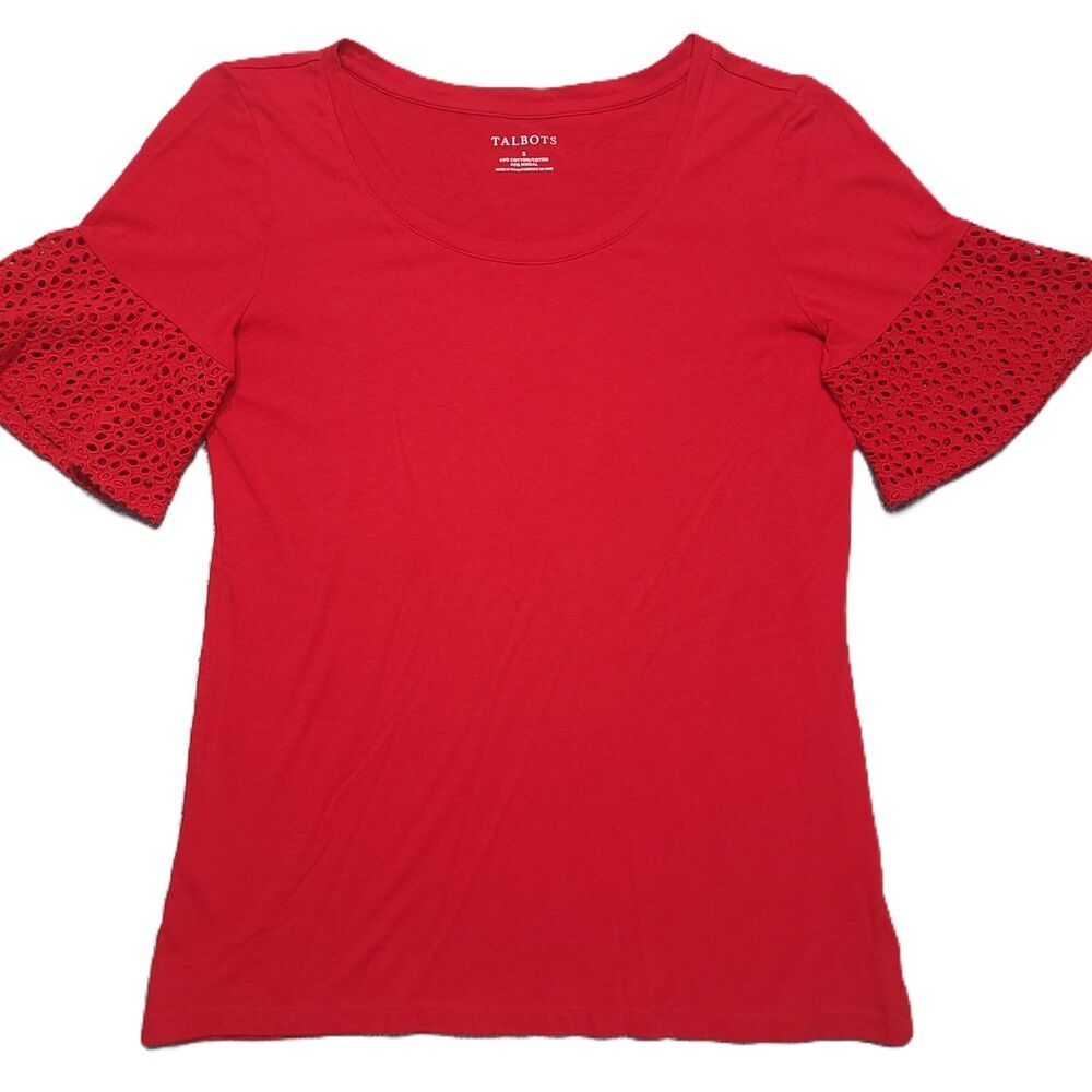Talbots Red Knit Top Womens S Eyelet Bell Cuff Short Sleeve T Shirt